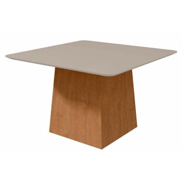 Imagem de Mesa para Cozinha Nevada c/Tampo Madeirado Vidro Curvo 130x130cm Amêndoa/Off White - Lopas