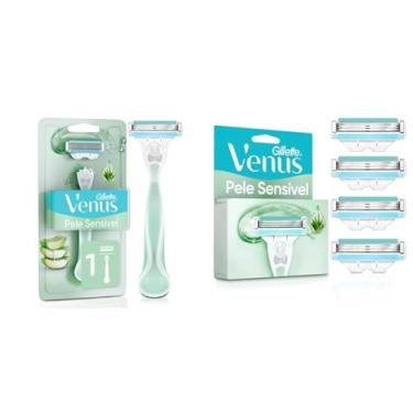 Imagem de Gillette Venus Pele Sensível Aparelho de Depilar Recarregável com Aloe Vera, 1ud + Gillette Venus Pele Sensível Carga para Aparelho de Depilar com Aloe Vera, 4 uds