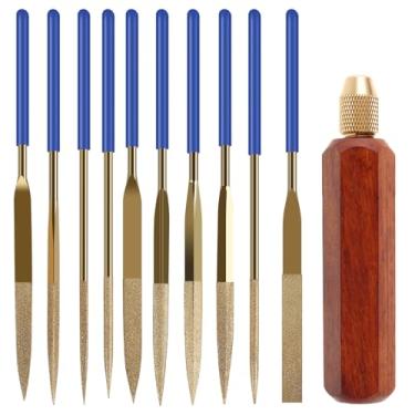 Imagem de Conjunto de 10 peças de mini arquivos de metal de diamante com cabo de lixa de madeira de agulha plana quadrada redonda arquivos de rifler de pedra de madeira joias de vidro ferramentas de arquivo