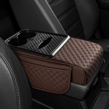 Imagem de Hovom Almofada de apoio de braço para console central de carro, capa de descanso de braço de couro para carros, almofada de apoio de braço multifuncional com bolso, caixa de lenços e suporte de copo