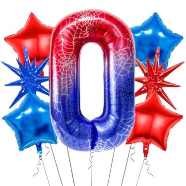 Imagem de 7Pcs 40 inch Spider Theme Number 0 Balloons, Large Red Blue 0 Balloon Number Set with Exploding Star and Star Foil Balloons for Birthdays and Spider Themed Parties