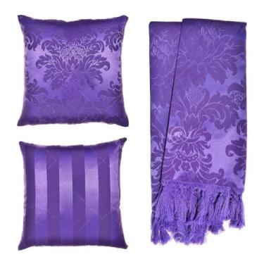 Imagem de Kit 1 Manta Xale para Sofá e Poltronas Em Tecido Jacquard 2 Capas De Almofada (Roxo,1 Manta - 2 Capas)