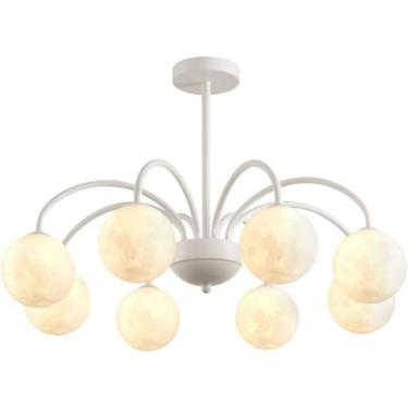 Imagem de Lustre Leite Branco Lustres Modernos Metal Teto Luz com Impressão 3D Bola da Lua Nordic Pendurado Lâmpada Pendente Luz para Quarto Cozinha Ilha Sala de Jantar Sala de Estar, Branco-8 Luzes