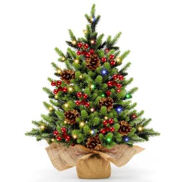 Imagem de Árvore de Natal de mesa realista de 61 cm, pequena árvore de Natal com 50 luzes quentes, bagas vermelhas, pinheiro, base de serapilheira, decoração de Natal para mesa interna (estilo 01)