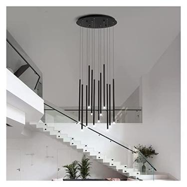 Imagem de Lustre LED espiral moderno com altura ajustável, luminária pendente para cozinha, loft, bar, hall de entrada, preto, 12 luzes, tubo longo, escadas.