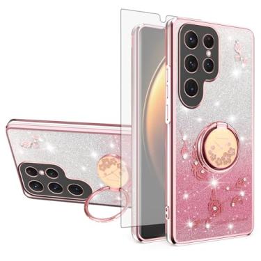 Imagem de Asuwish Capa de telefone para Samsung Galaxy S25 Ultra 5G com protetor de tela de vidro temperado suporte de anel com glitter transparente capa protetora de TPU híbrido S25Ultra 25S S 25 25Ultra 6,9