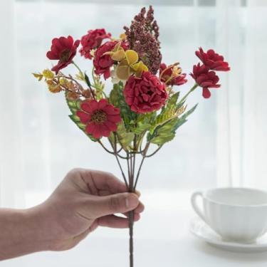 Imagem de 1 peça de flores artificiais de seda, crisântemo, buquê de noiva, casamento, jardim ao ar livre, vaso de mesa, decoração, acessórios para presente faça você mesmo (1 peça/vermelho)