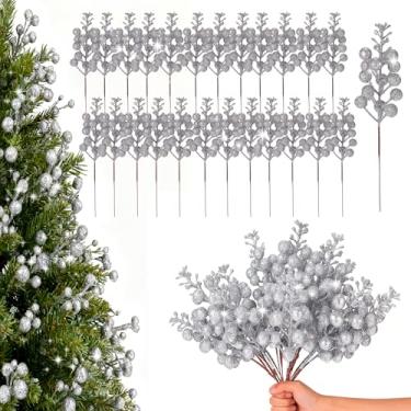 Imagem de FOFOWHAT Pacote com 24 hastes de bagas com glitter, palhetas artificiais de Natal de 19 cm para enfeites de árvore de Natal, guirlanda de Natal DIY, artesanato, decoração de férias e casa, prata