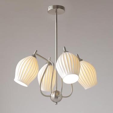 Imagem de Luminária pendente de cerâmica branca com 4 luzes, lustre moderno de teto semi-embutido, luminária pendente de cerâmica nervurada, lustres Sputnik para cozinha, sala de estar e sala de janta