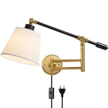 Imagem de Metal Braço Giratório Ajustável com Luminária de Cama para Quarto Luminária de Leitura de Parede 1,8 M Cabo Abajur de Tecido para Sala de Estar Hall Dourado Branco