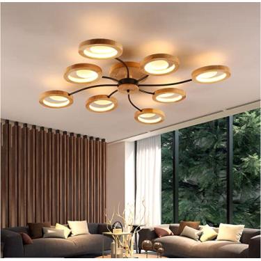 Imagem de Luminária de teto de madeira LED nórdica, lustre moderno para sala de estar grande com controle remoto, luminária criativa para escritório, quarto, sala de jantar, iluminação de teto redonda