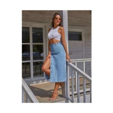 Imagem de Saia jeans, jeans, botões longos, cintura alta, frente, cintura alta, 