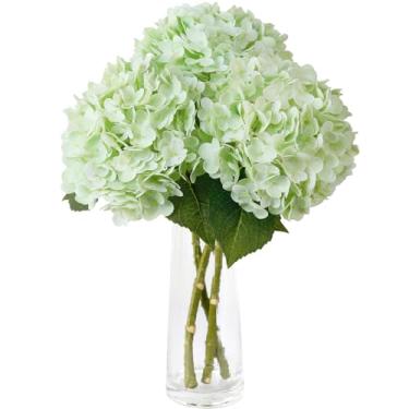 Imagem de Leftover 3 flores artificiais de hortênsia verde claro, flores artificiais de 53 cm de toque real e 3 borboletas para decoração de hortênsia, arranjos florais para decoração de mesa de centro de mesa