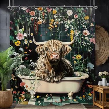 Imagem de Yookeb Cortina de chuveiro engraçada para banheiro Bull Highland Cow, 152 cm por 188 cm, flor vintage, animal, flores silvestres, flores silvestres, tecido de poliéster, 12 ganchos de plástico
