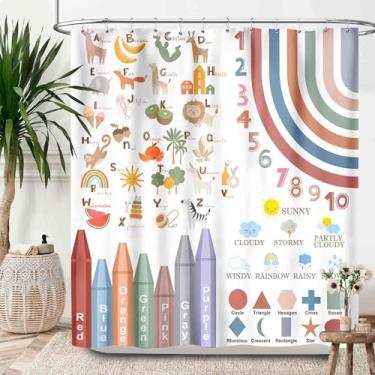 Imagem de Lnepty Cortinas de chuveiro com alfabeto infantil, boêmio, arco-íris, desenho animado, animal, abc, educacional, meninos, meninas, crianças, pastel, banheiro, curatina, decoração, impermeável, com