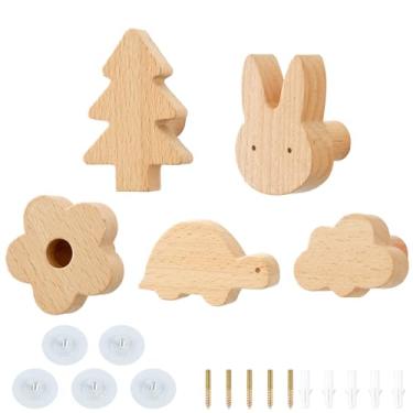 Imagem de Gancho de parede de madeira, 5 peças, gancho de parede para berçário de bebê, ganchos de casaco de animais, gancho de parede infantil para chapéu, bolsa, chave, quarto, sala de estar (estilo 3)