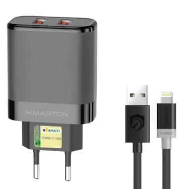 Imagem de H'MASTON Carregador 2 Portas Usb 5.1A Rápido Com Cabo 1 Metro Compatível Com Celular Android iPhone Samsung (PRETO, Lightning)