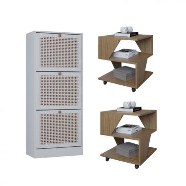 Imagem de Kit Sapateira Spin Tropical 3 Portas E 2 Mesas De Cabeceira Carvalho/branco