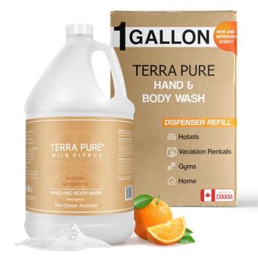 Imagem de Terra Pure Sabonete líquido para mãos e corpo Wild Citrus Gallon – Jarro de recarga para hotéis, aluguéis de férias, casas de hóspedes, spas, academias | Artigos de higiene pessoal com sabão líquido a