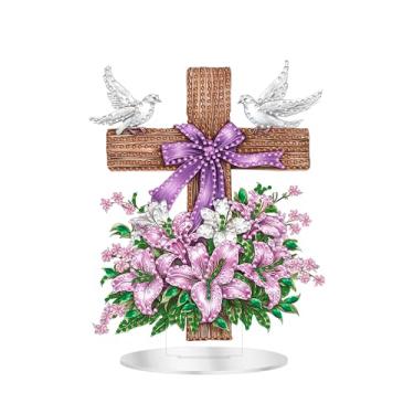 Imagem de Zariocy Kits de arte de diamante de mesa 5D para adultos – Ornamento de mesa especial de strass dupla face com cruz e flores, DIY Home Stand Up Birds Diamond Painting Kit de artesanato de placa