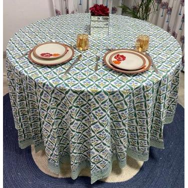 Imagem de Ridhi Toalha de mesa redonda – Impressão em bloco de mão, 100% algodão, reutilizável, verde-mar, 285 cm, decoração para jantar, casa, festa, casamento, fazenda, outono, Ação de Graças