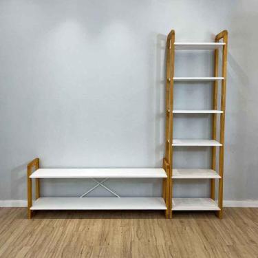 Imagem de Rack de TV de Madeira Pinus com Estante 6 Prateleiras Slim Linea Branc