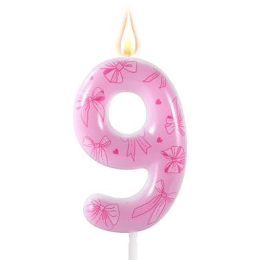Imagem de Vela de aniversário com laço rosa, número com tema de laço elegante, enfeite de bolo de aniversário para mulheres, meninas, festas de casamento, chá de bebê, decorações de aniversário (número 9)