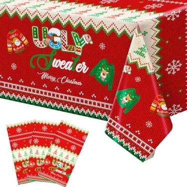Imagem de Oudain 3 peças de toalha de mesa de Natal 137 × 272 cm, descartável, de plástico, vermelho, impermeável, capa de mesa retangular com foto de fundo para Natal, ambientes internos e externos, decoração