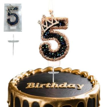 Imagem de Velas digitais de aniversário, coroa preta e dourada nº 5 velas de aniversário, adequadas para meninos e meninas, comemorações de aniversário e aniversários, são os presentes preferidos para expressar