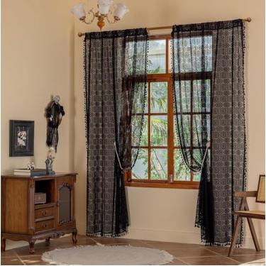 Imagem de Cortinas de renda preta góticas escuras de 267 cm vintage para sala de estar quarto privacidade decoração vitoriana gótica bruxa 2 painéis L 59 x C 108 preto