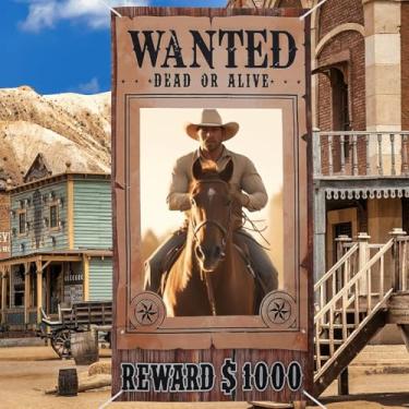 Imagem de West Wanted — Porta-retrato retrô para festa do oeste, 153 x 91 cm, pôster de vaca, cabine de rodeio, decorações de festa para selfie, cenário de sessão de fotos
