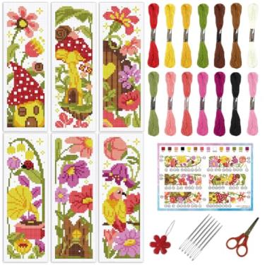 Imagem de INFUNLY Kit de 6 peças de marcadores de página de ponto cruz de flores para adultos, casas de cogumelos, kit de ponto cruz faça você mesmo com instruções pré-impressas, pássaros, estaca de árvore, kit