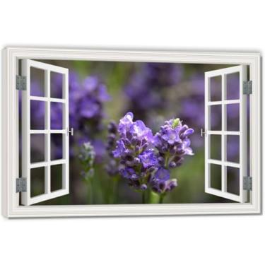 Imagem de Estames roxos Impressão artística em tela de ilusão de janela falsa, arte de parede com vista panorâmica real para sala de estar 20 x 30 cm emoldurada