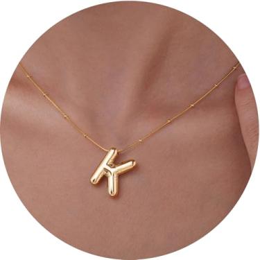 Imagem de Colar feminino com inicial de aço inoxidável banhado a ouro 18K, pingente de letra bolha de A a Z, joia personalizada do alfabeto fofo de A a Z, 18+2in, Aço inoxidável, Sem Pedra Preciosa