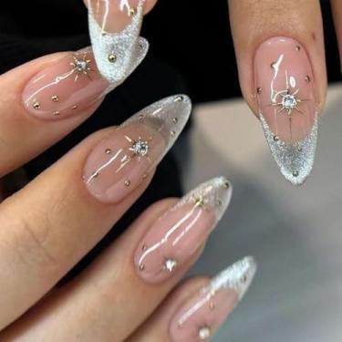 Imagem de Pressionar unhas curtas médias amêndoas francesas olho de gato cola falsa unhas com design simples de estrela strass, cobertura total, bastão falso artificial em unha de acrílico para mulheres