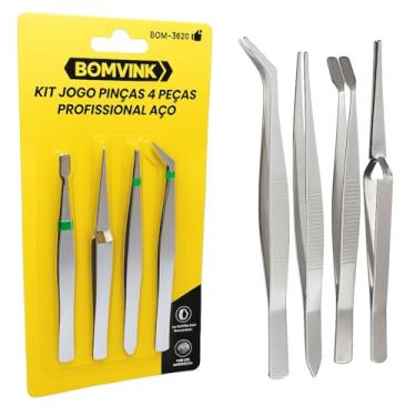 Imagem de Kit Jogo de Pinças Profissionais em Aço, 4 Peças para Estética, Manutenção de Relógio, Celular, Eletrônica e Aeromodelismo