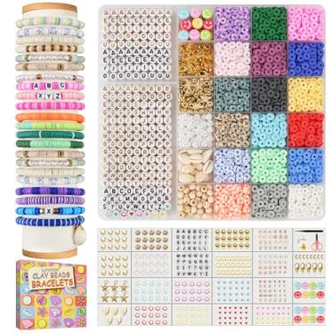 Imagem de Lynnmos Kit de 6000 pulseiras de contas de argila, kit de pulseiras da amizade, contas planas para fabricação de joias, conjunto de contas Heishi de 6 mm para pulseira, colar, brinco, artesanato