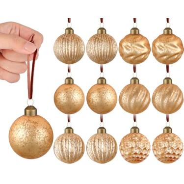 Imagem de 12 peças de enfeites de bola de Natal vintage de vidro mercúrio 6 cm decorações de bola em relevo antigas decorações de árvore de Natal para presentes de Natal e férias de inverno (champanhe)