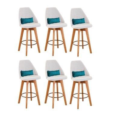 Imagem de Kit 06 Banquetas Linho Bege E Almofada Azul Turquesa