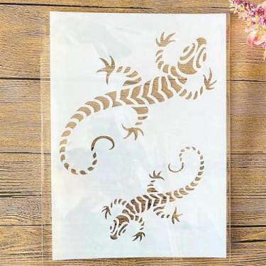 Imagem de TIAMECH Estêncil de lagartixa reutilizável A4 para pintura - dois modelos de camadas de lagarto, arte de parede DIY, móveis de madeira, álbum de recortes e artesanato (21 x 29,7 cm)