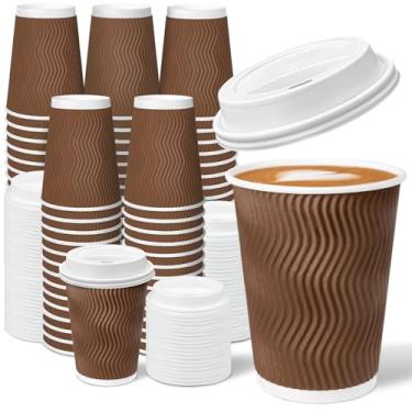 Imagem de Charmount Pacote com 100 xícaras de café isoladas marrons descartáveis de 350 ml com tampas - Copos de papel quente para viagem de parede ondulada para café, chá, cacau e bebidas - para casa