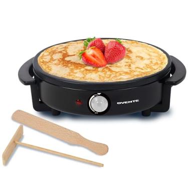 Imagem de OVENTE Cafeteira elétrica de crepe e panqueca com placa quente antiaderente de 30 cm, luz indicadora de LED, controle de temperatura ajustável, inclui espátula de madeira e espalhador de massa, preto