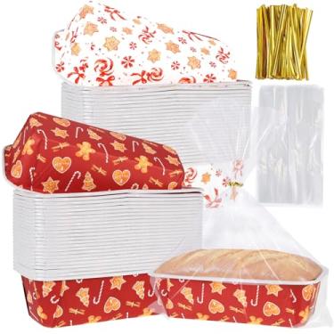 Imagem de HFYZZ 50 conjuntos de formas de pão de papel de Natal 15 x 5 x 5 cm, forros descartáveis de pão de gengibre de Natal com sacos de plástico transparentes e laços de papel retangulares para padaria de