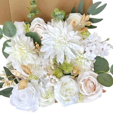 Imagem de Conjunto de caixa de flores artificiais brancas marfim, rosas de seda, folhas douradas, ramos, buquês de casamento, bolo, arranjos florais falsos, chá de bebê, mesa de festa, decoração de casa