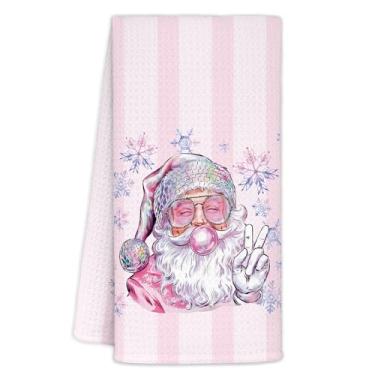 Imagem de Yhtrg Toalhas de cozinha retrô de Papai Noel rosa 40,6 x 61 cm, funky Y2K disco chapéu de Papai Noel, toalhas de mão de floco de neve para decoração de banheiro, toalha de chá listrada rosa e branca