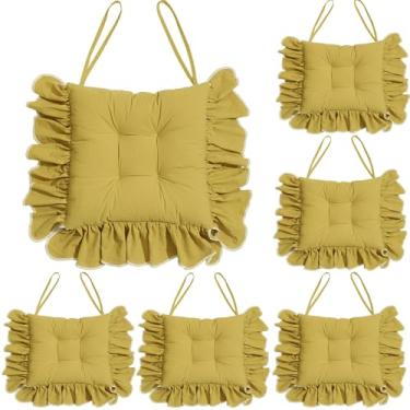 Imagem de 6 Pack Cotton Ruffles Chair Cushion For Dining Chairs, 16IN Soft Comfortable Chair Pads With Ties Farmhouse Country Seat Cushion For Kitchen Chairs Office Chairs(D)