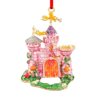 Imagem de Enfeites de Natal de castelo de princesa de metal 2025 enfeites de lembrança de castelo rosa para decoração de árvore de Natal, presentes para crianças, meninas, meninos e mulheres