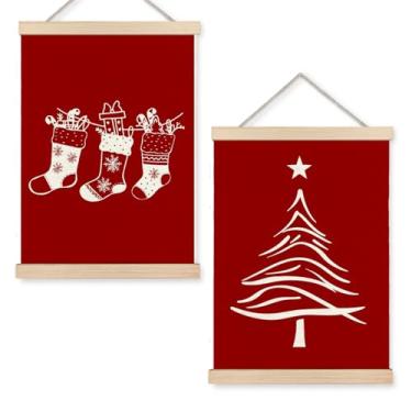 Imagem de YTRGI Decoração de parede vermelha de Natal, decoração de casa de Natal, meia de inverno para pôster, moldura para casa, quarto, sala de estar, 30,5 x 40,6 cm, conjunto de 2