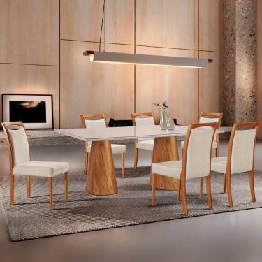 Imagem de Mesa Noronha 180cm Tampo Com Vidro Laqueado Com 6 Cadeiras Linho Off White Imbuia Natural