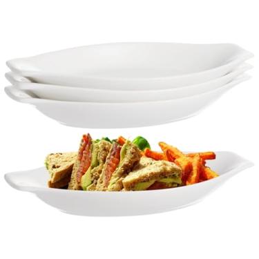 Imagem de LUMINFLY Conjunto de 4 pratos ovais de cerâmica para gratinado, barco dividido de banana de 20 x 10 cm, seguro para micro-ondas e forno, mini caçarola com alças duplas, empilhável